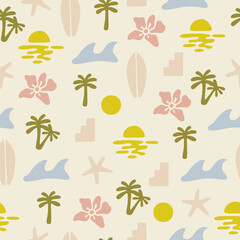 Summer groovy boho minimal organic shapes seamless pattern. Cute pastel colored surfing background