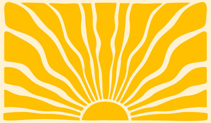 Hippie retro boho style sun. Yellow trendy sunburst. Horizontal poster