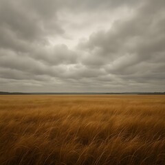 A wide golden grass field under a dramatic cloudy sky. A peaceful and melancholic natural scene.