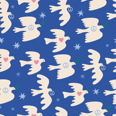 Peace dove pigeon seamless pattern. No war peace pacifism sign. Blue backround