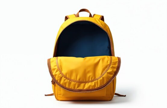 Open yellow backpack isolated on white. School bag design for advertising, travel, travel bag, tourist goods. Backpacks, schoolbags, baggage for kids, teens, adults. Ready for trip or school.