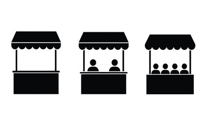 Booth or stand icon set with exhibitor. Sales booth icon set isolated on white background.