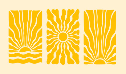 Hippie retro boho style sun. Yellow trendy sunburst. Horizontal and vertical posters