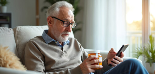 Senior man uses smartphone, reading medication information, pills in bottle at home. Elderly male holding phone, pills bottles, telehealth FAQ concept. Healthcare, medicine, online service, pharmacy,