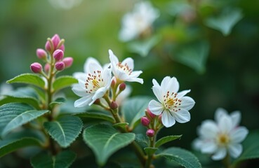 Fototapeta premium Close-up of Frangula alnus flowering bush with white flowers, buds, green leaves. Beautiful nature flora detail. Flowers bloom, attracting pollinators like bees, butterflies. Summer vibes, fresh