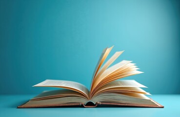 Obraz premium Open book with flying pages on blue background. Symbol of reading, learning, knowledge, education. Idea of imagination, creativity, inspiration, success. Perfect for advertising education, literature.