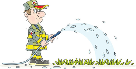 Funny worker in an uniform with a water hose and a sprinkler watering green grass on a lawn in a summer park, vector cartoon illustration on a white background