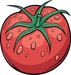 Realistic vibrant red tomato with water droplets and green stem vector illustration.