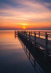 Serene Sunset Pier - A tranquil scene of a wooden pier extending into calm water at sunset. The symbolizes peace, solitude, reflection, hope, and tranquility