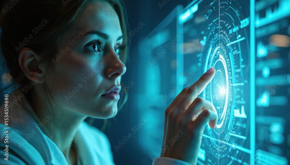 Poster woman uses advanced tech, interacting with futuristic digital hologram. cybernetic interface. idea o