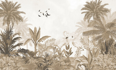 Aged Wildlife Wall Mural: Faded Sepia Flamingo, Birds & Tropical Forest Background © csinie1