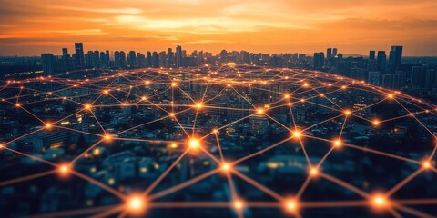 Connected Cityscape at Sunset Digital Network Over Urban Skyline with Warm Tones