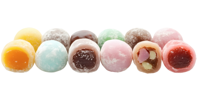 Assorted mochi pieces with different pastel colors and fillings sliced open isolated on white background 