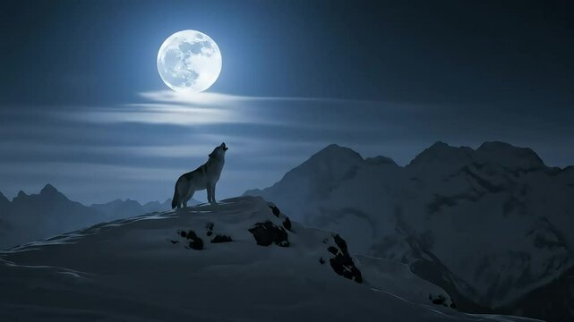 Black and white video of a lone wolf howling at the moon, night, sharp focus on the wolf, snowy mountain top
