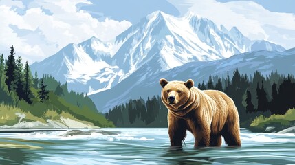 Grizzly bear standing in a river, majestic mountains in the background.