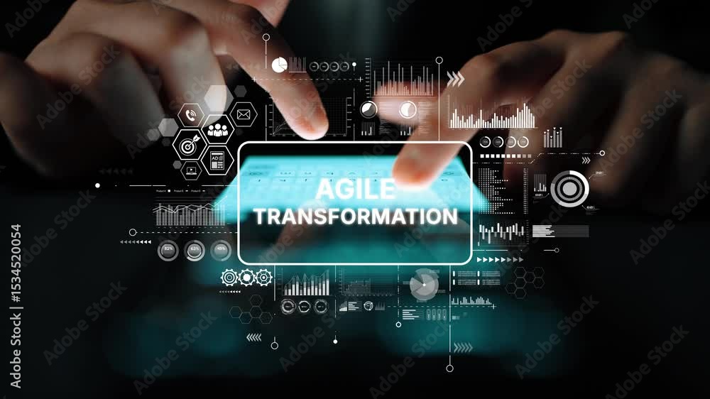 Poster hands typing on a touchscreen with digital data visualization on agile transformation for business s