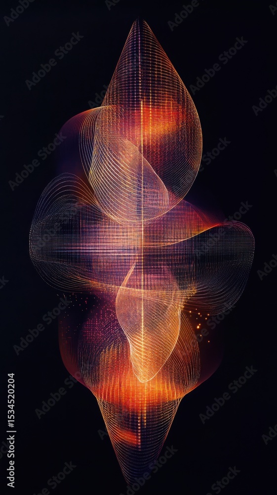 Poster abstract glowing mesh structure with intersecting lines and warm colors on dark background