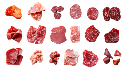 Assorted cured meats, including coppa and bresaola, arranged in artistic collage isolated on white background 
