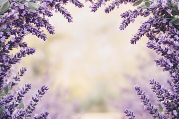 Lavender flowers forming soft natural frame with gentle blurred backdrop. Delicate floral composition, for aromatherapy, wellness, organic cosmetics, spa, nature, or romantic backgrounds