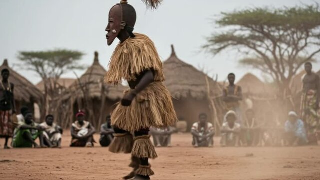 Hyperlocal world traditions: Dogon dancer in traditional attire performing a sacred ritual on dry earth