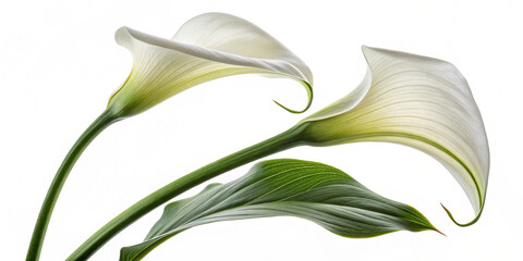 A close-up of two calla lilies, their long green leaves and white petals forming graceful curves against the stark white background.