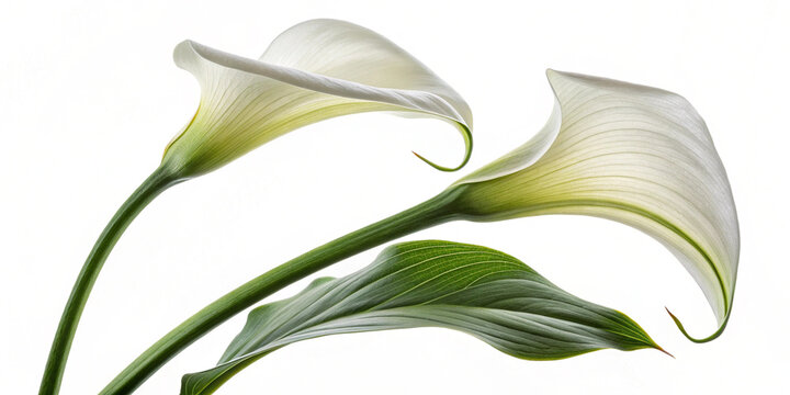 A close-up of two calla lilies, their long green leaves and white petals forming graceful curves against the stark white background.