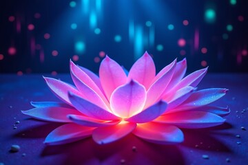 Vibrant neon glowing lotus flower on dark background, futuristic floral illustration with abstract spiritual and energy theme
