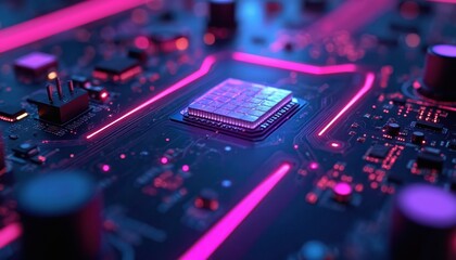 Close-up shot of futuristic circuit board with glowing purple lines. Modern tech background, digital network, high-tech, data processing, electronic connections, computer system concept.