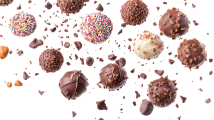 Assorted flying chocolate truffles with cocoa dust and sprinkles floating around isolated on white background 