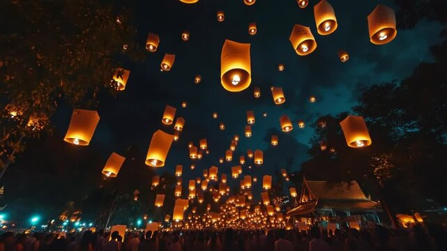 Spectacular lantern festival celebration illuminating the night sky with glowing lights