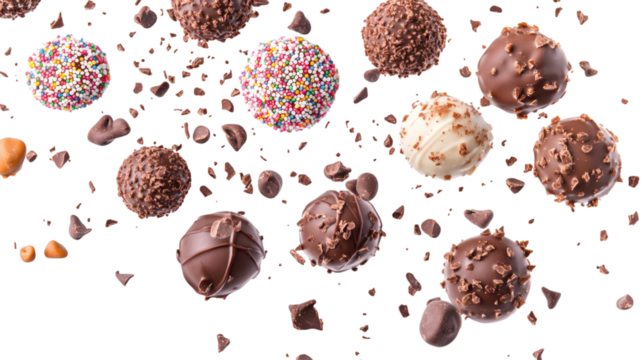 Assorted flying chocolate truffles with cocoa dust and sprinkles floating around isolated on white background 