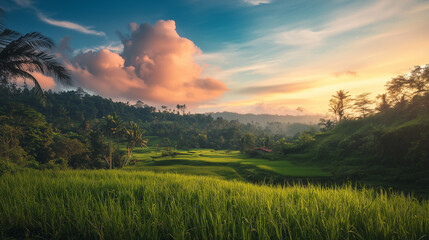 Obraz premium green field and blue sky. field and clouds