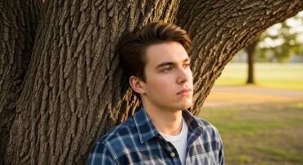 Young Man Contemplating by Tree - A pensive young man leans against a large tree trunk, lost in thought. Warm sunlight bathes the scene