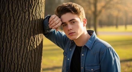 Youthful Man Leaning on Tree - A young man with styled brown hair leans against a tree trunk outdoors in a park, wearing a denim shirt