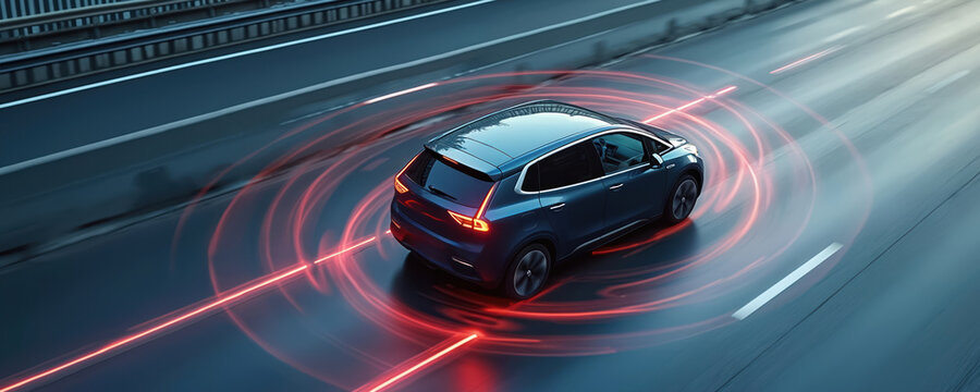 Modern car drives highway through city. Autonomous self-driving vehicle with digital radar system. Car on asphalt road with signal waves. Tech, innovation and transport.