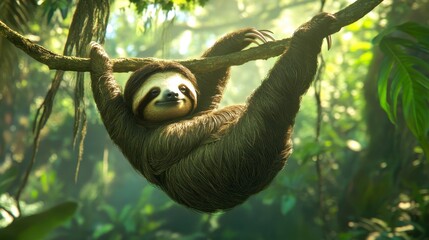 A brown-furred sloth hanging from a tree branch in a lush green rainforest, sunlight filtering through leaves.