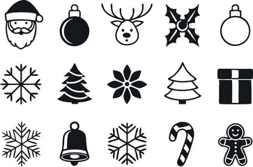 Silhouette black Christmas icons set. holiday symbols vector art illustration.