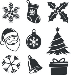 Silhouette black Christmas icons set. holiday symbols vector art illustration.