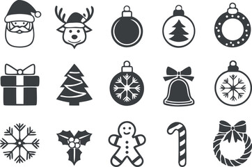 Silhouette black Christmas icons set. holiday symbols vector art illustration.