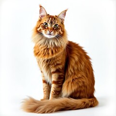 Obraz premium Ginger Maine Coon cat sitting, looking at camera. Fluffy, long hair fur, isolated on white background. Domestic pet. Adorable animal studio portrait. Cat with eye contact.