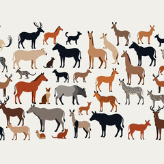 Animal Illustration-Variety of Wildlife-Deer-Horses-Cats-Zebras-Flat Design-Nature Themed-Colorful Animal Art-Illustration of Wild Animals Together-Fauna Pattern