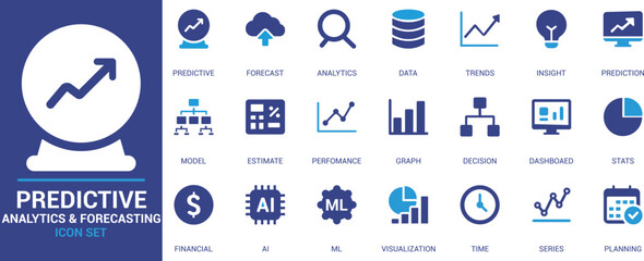Flat predictive analytics and forecasting icon set including data trends, AI, ML, insights, model, dashboard, graph, financial stats, performance, and planning visuals.
