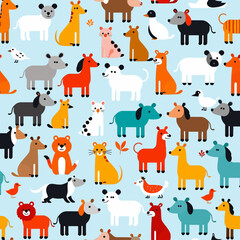 Colorful Animal Pattern-Cute Cartoon Animals-Seamless Design-Playful Illustration-Perfect for Kids-Bright and Cheerful-Variety of Animal Characters-Fun and Engaging-Animal Theme-Kids Pattern