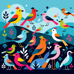 Colorful Birds Illustration - Whimsical Bird Art Design - Cheerful Bird Graphic for Home Decor - Cute Bird Pattern for Kids- Bird Lover's Art Print