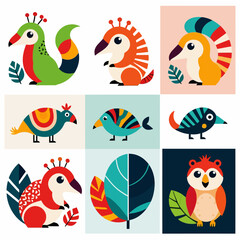 Fototapeta premium Colorful Birds and Leaves Illustration- Quirky Cartoon Birds in Geometric Shapes- Whimsical Bird Art for Kids- Cute Owls and Botanical Elements- Playful Bird Pattern Design
