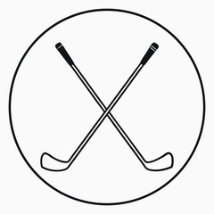 Two Black Hockey Sticks Crossed Inside a Circular Outline on White Background Simple Line Art Graphic
