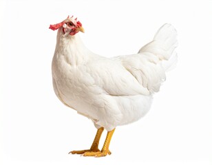 Fototapeta premium White hen with red comb standing upright against a clean white background