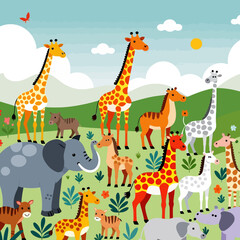Naklejka premium Cute Cartoon Animals in a Field Illustration- Giraffes Elephants Zebras and Hippos- Kids Room Decor- Nursery Art Print- Childrens Book Illustration Style- Whimsical Animal Scene