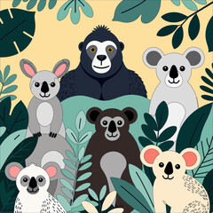 Obraz premium Cute Cartoon Animals in Jungle Illustration-Adorable Koalas-Friendly Gorilla Graphic-Wildlife Art for Kids-Playful Animal Design-Nature Themed Artwork