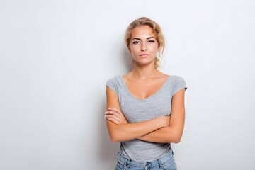 Fototapeta premium A confident woman in casual attire symbolizing faith and resolve.
